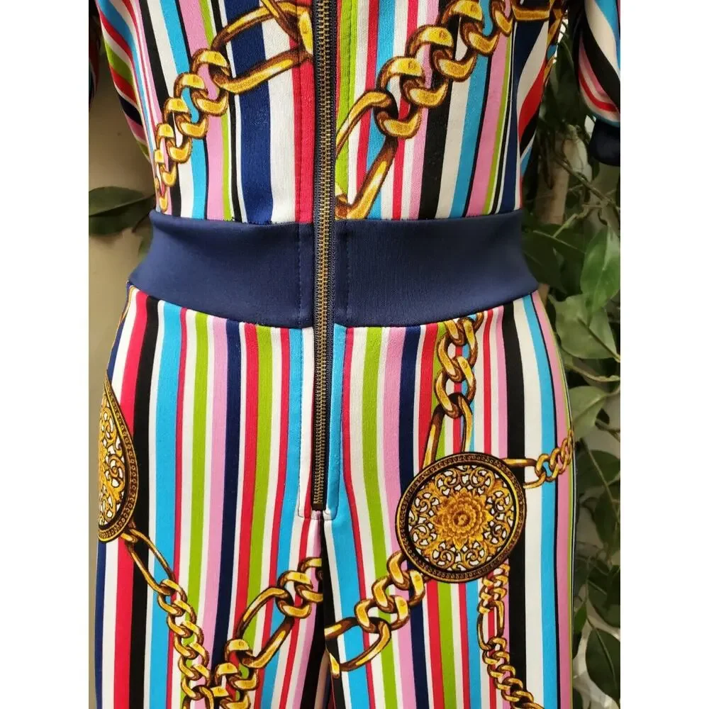 Good Time Womens Multicolor Striped Medallion Short Sleeve Casual Jumpsuit Large - Picture 3 of 11